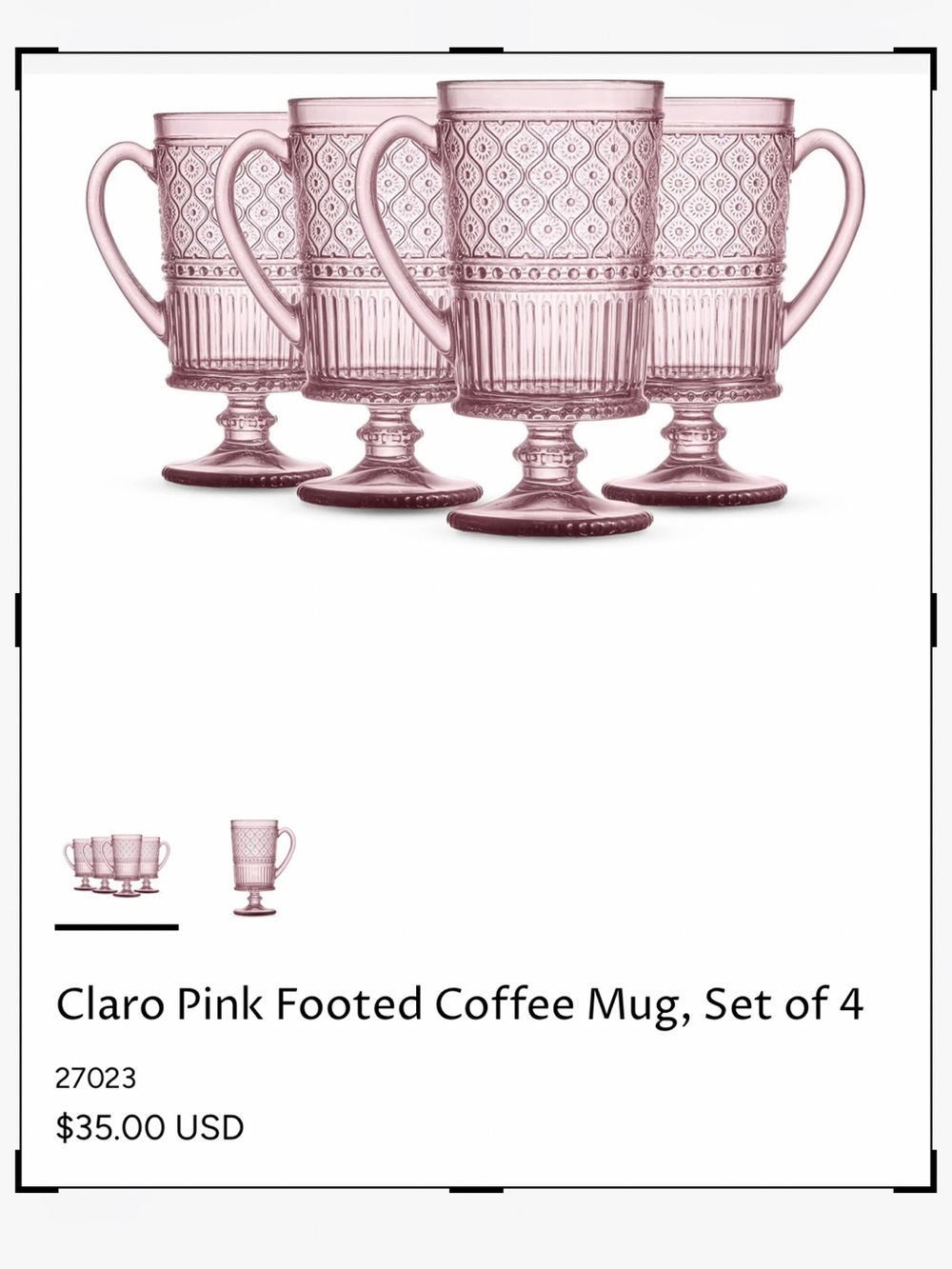 Flora set of 4 Pink 9oz crystal Mugs with Embossed Pattern